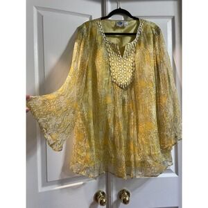 Diane Gilman Blouse Womens 1X Yellow Silk Beaded Rhinestone Sheer Tunic Top
